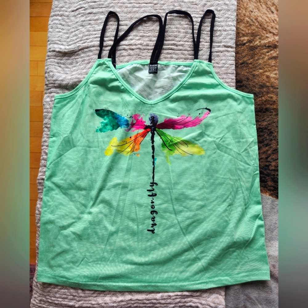 Bright Green Dragonfly Graphic Double Strap Tank Top